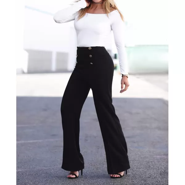 IyMoo Women Stretchy Wide Leg Pants Slacks Casual Back Zipper High Waisted Straight Dress Long Pants WorkBlack Buttons