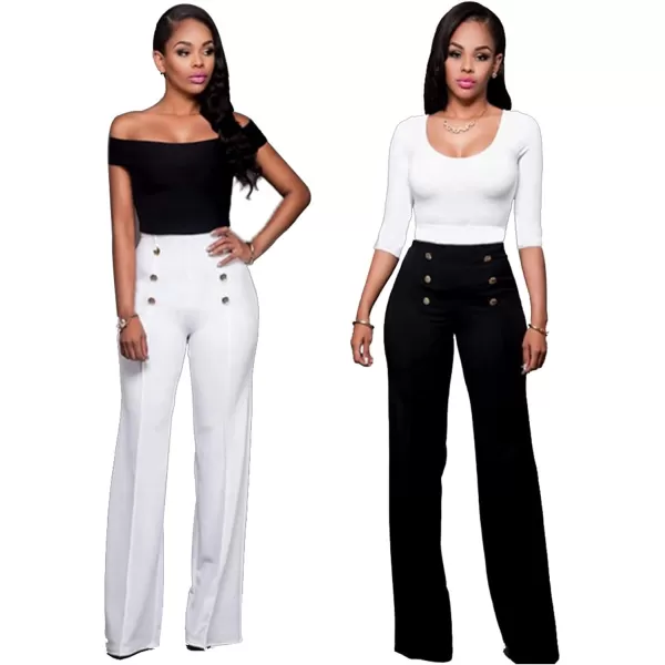 IyMoo Women Stretchy Wide Leg Pants Slacks Casual Back Zipper High Waisted Straight Dress Long Pants WorkBlack Buttons