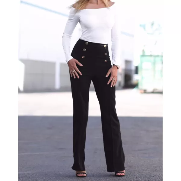 IyMoo Women Stretchy Wide Leg Pants Slacks Casual Back Zipper High Waisted Straight Dress Long Pants WorkBlack Buttons
