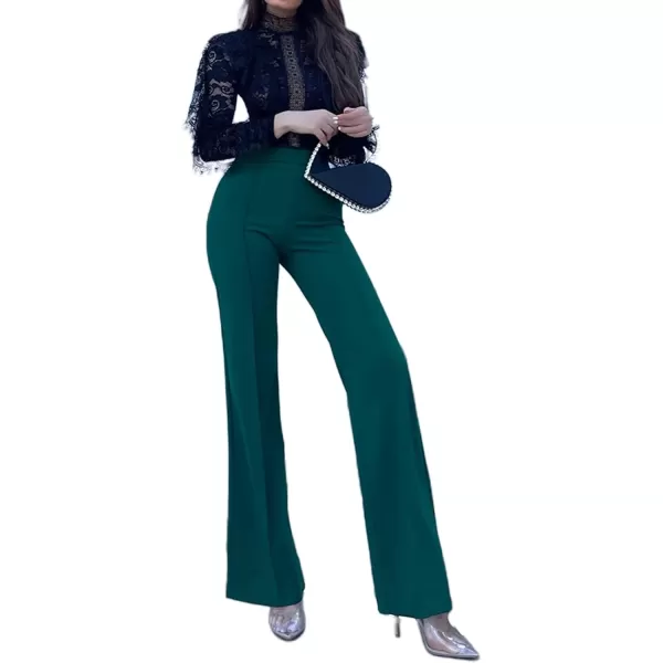 IyMoo Women Stretchy Wide Leg Pants Slacks Casual Back Zipper High Waisted Straight Dress Long Pants WorkBootcut Dark Green