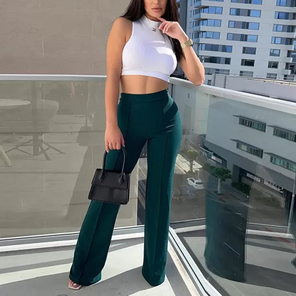 IyMoo Women Stretchy Wide Leg Pants Slacks Casual Back Zipper High Waisted Straight Dress Long Pants WorkBootcut Dark Green