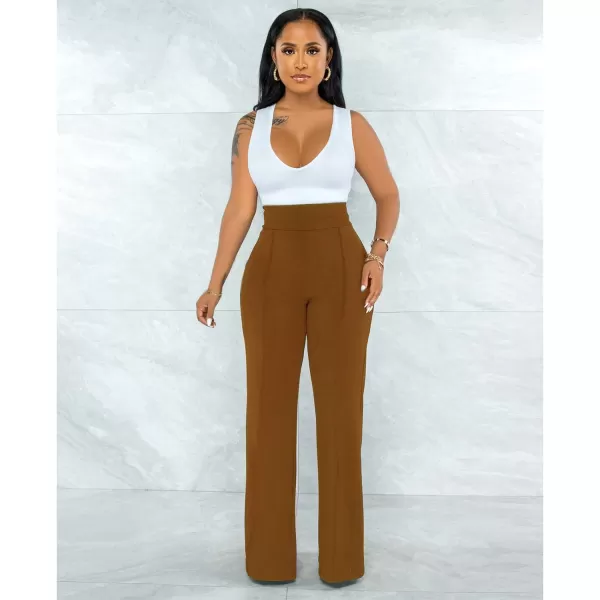 IyMoo Women Stretchy Wide Leg Pants Slacks Casual Back Zipper High Waisted Straight Dress Long Pants WorkCoffee