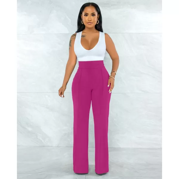 IyMoo Women Stretchy Wide Leg Pants Slacks Casual Back Zipper High Waisted Straight Dress Long Pants WorkFuchsia