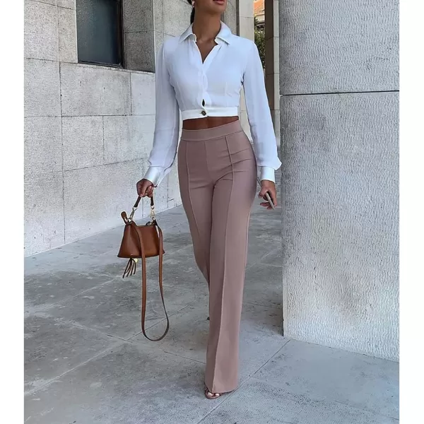 IyMoo Women Stretchy Wide Leg Pants Slacks Casual Back Zipper High Waisted Straight Dress Long Pants WorkKhaki