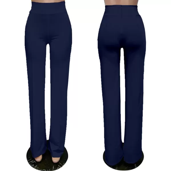 IyMoo Women Stretchy Wide Leg Pants Slacks Casual Back Zipper High Waisted Straight Dress Long Pants WorkNavy