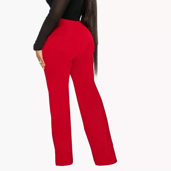 IyMoo Women Stretchy Wide Leg Pants Slacks Casual Back Zipper High Waisted Straight Dress Long Pants WorkRed