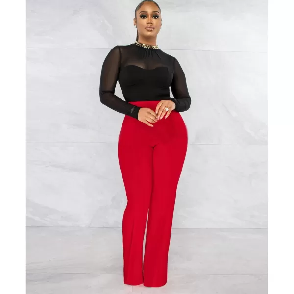 IyMoo Women Stretchy Wide Leg Pants Slacks Casual Back Zipper High Waisted Straight Dress Long Pants WorkRed