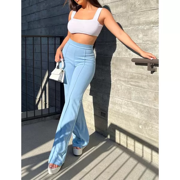 IyMoo Women Stretchy Wide Leg Pants Slacks Casual Back Zipper High Waisted Straight Dress Long Pants WorkSky Blue