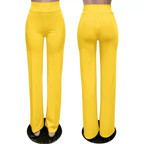 IyMoo Women Stretchy Wide Leg Pants Slacks Casual Back Zipper High Waisted Straight Dress Long Pants WorkYellow