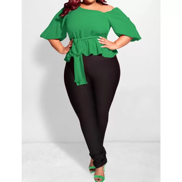 IyMoo Womens Asymmetrical Blouses Casual Peplum Summer Tops Dressy Chiffon Work Blouse with BeltGreen