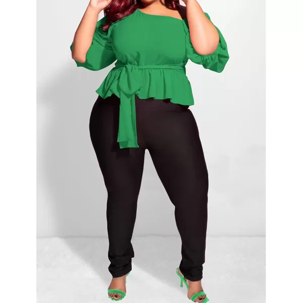 IyMoo Womens Asymmetrical Blouses Casual Peplum Summer Tops Dressy Chiffon Work Blouse with BeltGreen