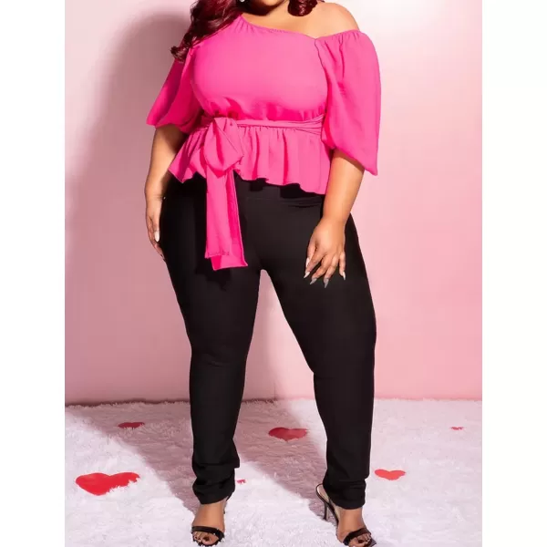 IyMoo Womens Asymmetrical Blouses Casual Peplum Summer Tops Dressy Chiffon Work Blouse with BeltRose Red