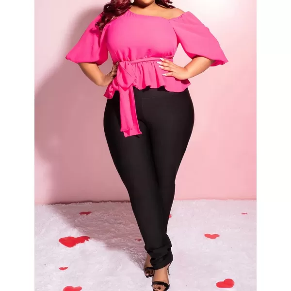 IyMoo Womens Asymmetrical Blouses Casual Peplum Summer Tops Dressy Chiffon Work Blouse with BeltRose Red