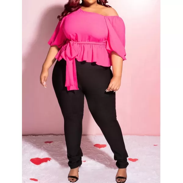 IyMoo Womens Asymmetrical Blouses Casual Peplum Summer Tops Dressy Chiffon Work Blouse with BeltRose Red