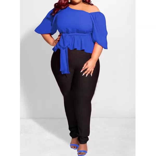 IyMoo Womens Asymmetrical Blouses Casual Peplum Summer Tops Dressy Chiffon Work Blouse with BeltRoyal Blue