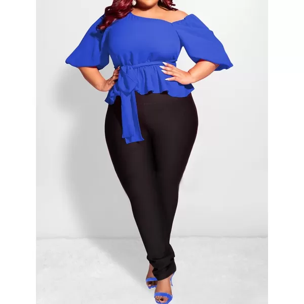 IyMoo Womens Asymmetrical Blouses Casual Peplum Summer Tops Dressy Chiffon Work Blouse with BeltRoyal Blue