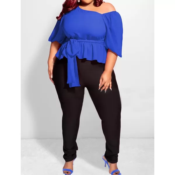 IyMoo Womens Asymmetrical Blouses Casual Peplum Summer Tops Dressy Chiffon Work Blouse with BeltRoyal Blue