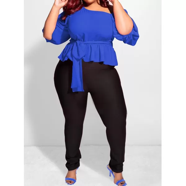 IyMoo Womens Asymmetrical Blouses Casual Peplum Summer Tops Dressy Chiffon Work Blouse with BeltRoyal Blue