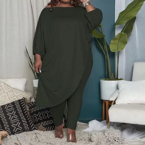 IyMoo Womens Causal Plus Size 2 Piece Outfits Jumpsuits Slant Shoulder Asymmetrica Tops Pant Set Sexy Club RomperArmy Green