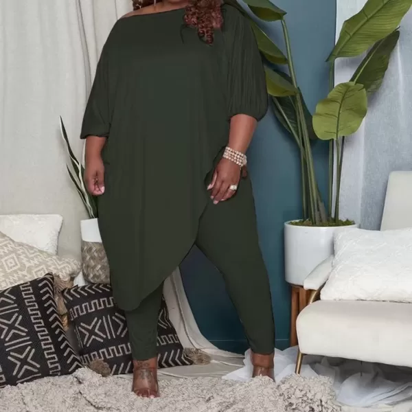 IyMoo Womens Causal Plus Size 2 Piece Outfits Jumpsuits Slant Shoulder Asymmetrica Tops Pant Set Sexy Club RomperArmy Green