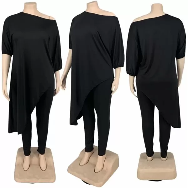 IyMoo Womens Causal Plus Size 2 Piece Outfits Jumpsuits Slant Shoulder Asymmetrica Tops Pant Set Sexy Club RomperBlack