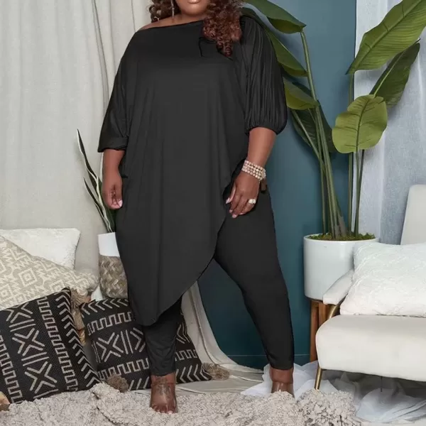 IyMoo Womens Causal Plus Size 2 Piece Outfits Jumpsuits Slant Shoulder Asymmetrica Tops Pant Set Sexy Club RomperBlack