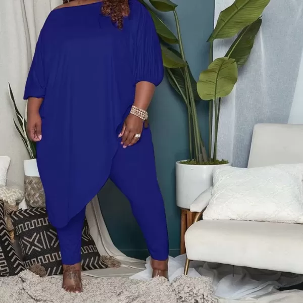 IyMoo Womens Causal Plus Size 2 Piece Outfits Jumpsuits Slant Shoulder Asymmetrica Tops Pant Set Sexy Club RomperBlue