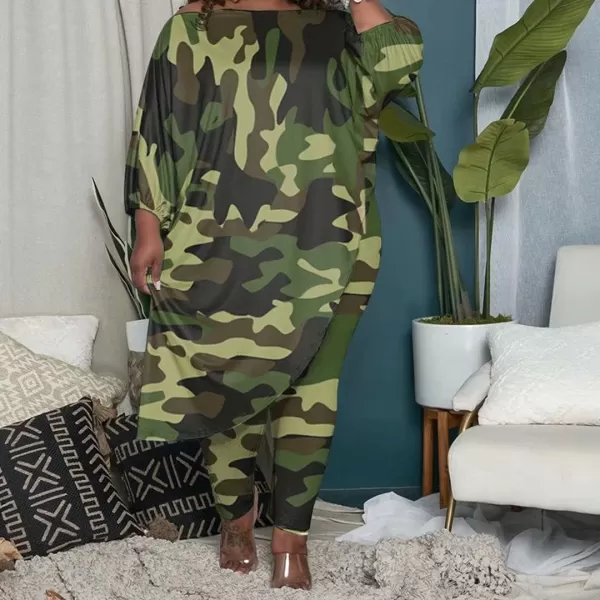 IyMoo Womens Causal Plus Size 2 Piece Outfits Jumpsuits Slant Shoulder Asymmetrica Tops Pant Set Sexy Club RomperCamouflage
