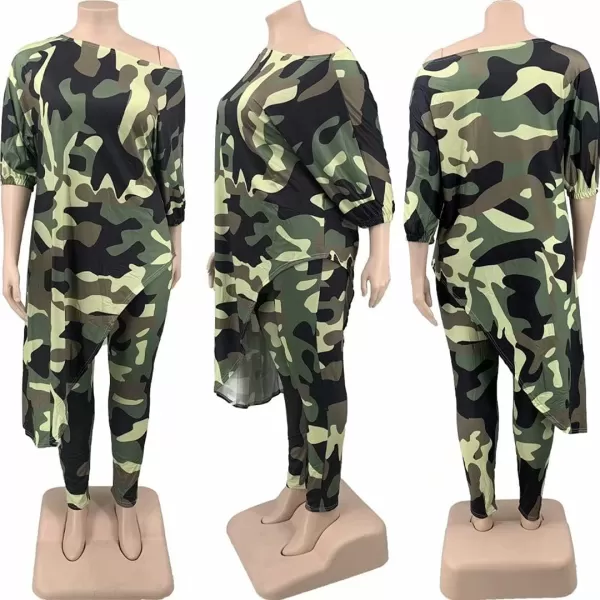 IyMoo Womens Causal Plus Size 2 Piece Outfits Jumpsuits Slant Shoulder Asymmetrica Tops Pant Set Sexy Club RomperCamouflage