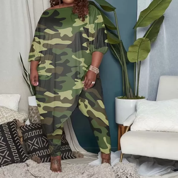IyMoo Womens Causal Plus Size 2 Piece Outfits Jumpsuits Slant Shoulder Asymmetrica Tops Pant Set Sexy Club RomperCamouflage