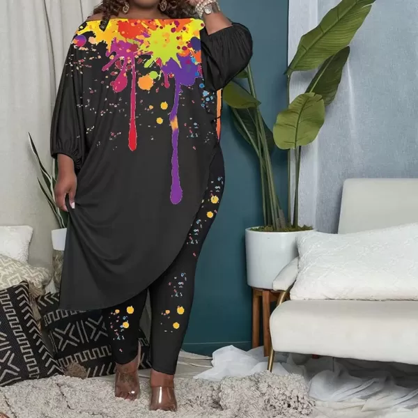 IyMoo Womens Causal Plus Size 2 Piece Outfits Jumpsuits Slant Shoulder Asymmetrica Tops Pant Set Sexy Club RomperGraffiti Black