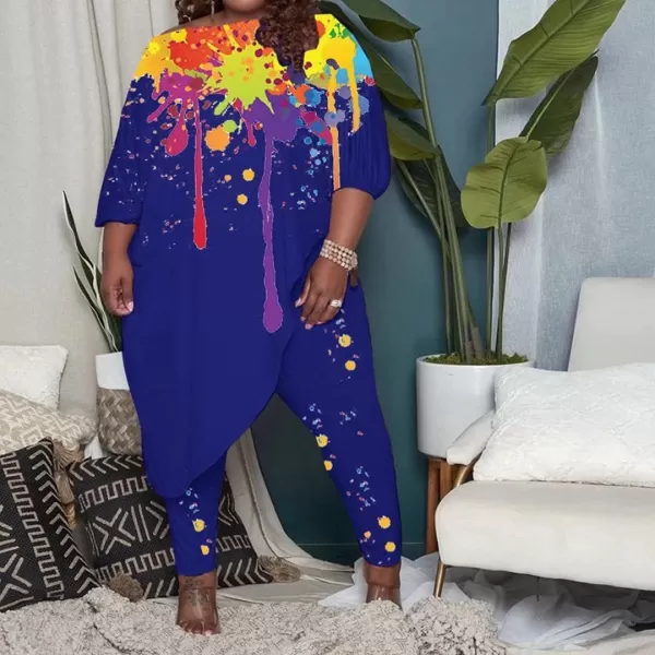 IyMoo Womens Causal Plus Size 2 Piece Outfits Jumpsuits Slant Shoulder Asymmetrica Tops Pant Set Sexy Club RomperGraffiti Blue