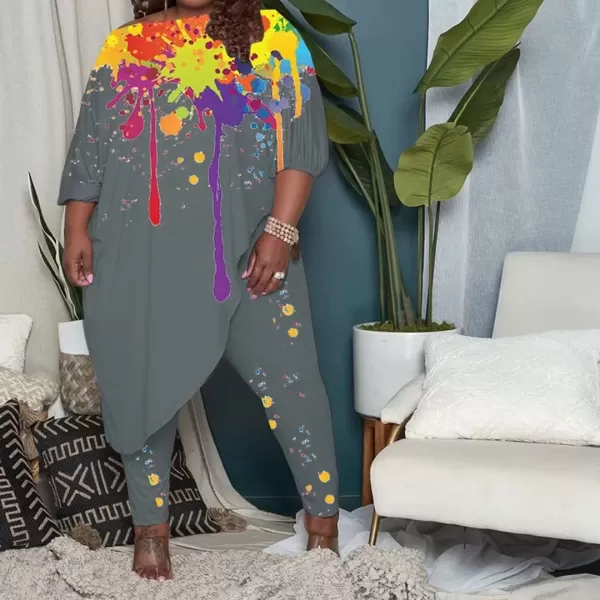 IyMoo Womens Causal Plus Size 2 Piece Outfits Jumpsuits Slant Shoulder Asymmetrica Tops Pant Set Sexy Club RomperGraffiti Gray