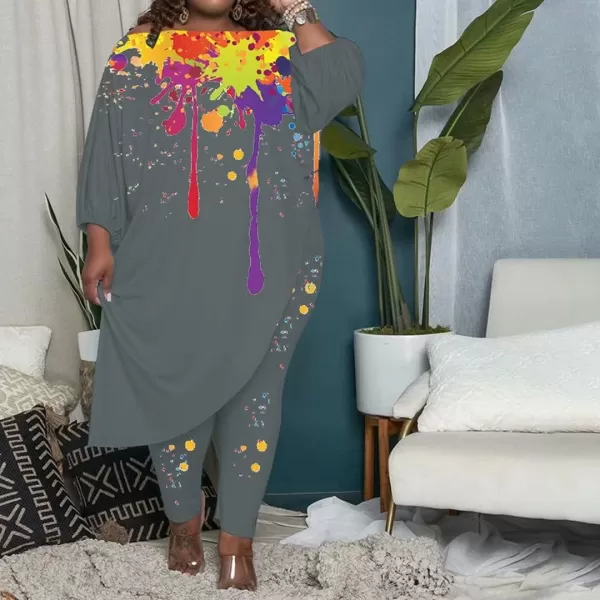 IyMoo Womens Causal Plus Size 2 Piece Outfits Jumpsuits Slant Shoulder Asymmetrica Tops Pant Set Sexy Club RomperGraffiti Gray