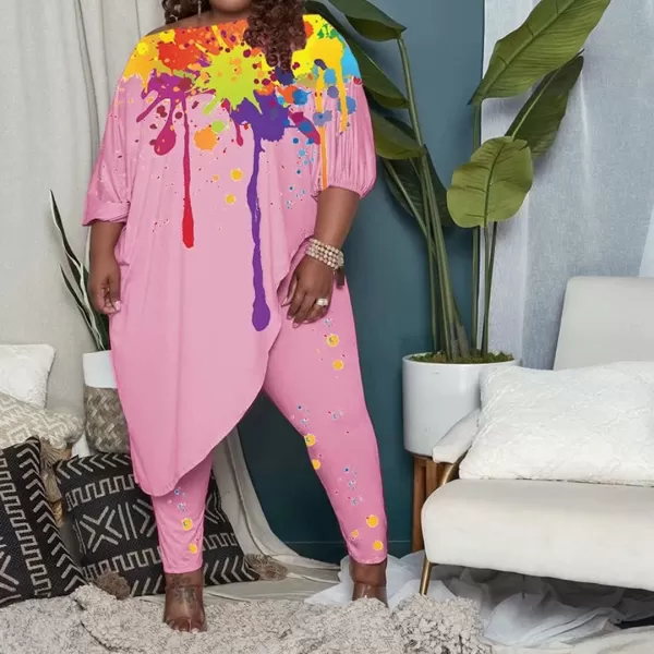 IyMoo Womens Causal Plus Size 2 Piece Outfits Jumpsuits Slant Shoulder Asymmetrica Tops Pant Set Sexy Club RomperGraffiti Pink