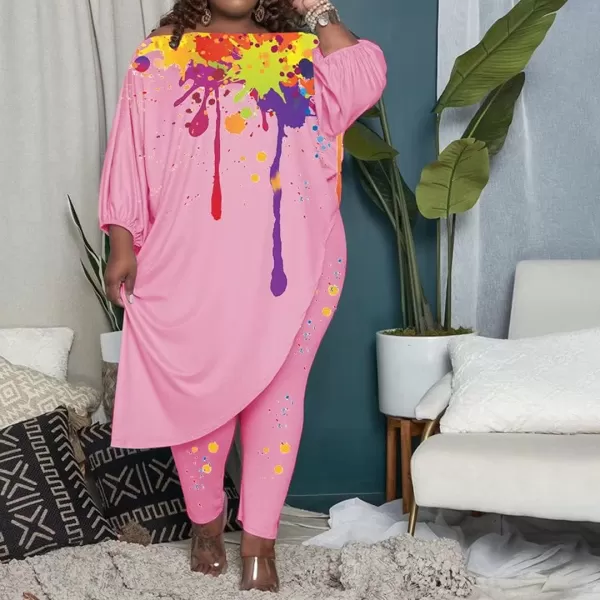 IyMoo Womens Causal Plus Size 2 Piece Outfits Jumpsuits Slant Shoulder Asymmetrica Tops Pant Set Sexy Club RomperGraffiti Pink