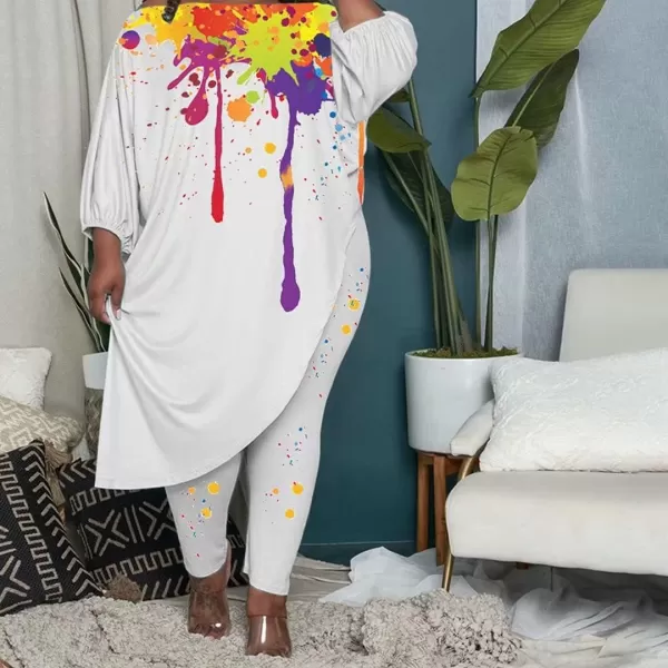 IyMoo Womens Causal Plus Size 2 Piece Outfits Jumpsuits Slant Shoulder Asymmetrica Tops Pant Set Sexy Club RomperGraffiti White