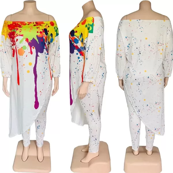 IyMoo Womens Causal Plus Size 2 Piece Outfits Jumpsuits Slant Shoulder Asymmetrica Tops Pant Set Sexy Club RomperGraffiti White