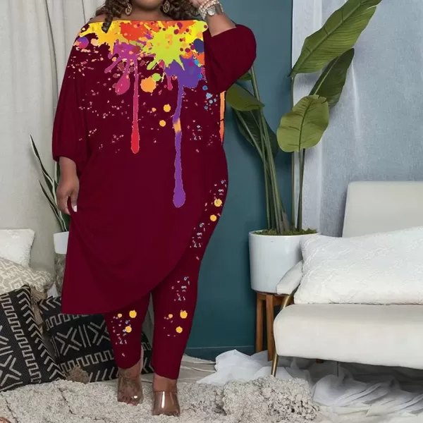 IyMoo Womens Causal Plus Size 2 Piece Outfits Jumpsuits Slant Shoulder Asymmetrica Tops Pant Set Sexy Club RomperGraffiti Wine Red