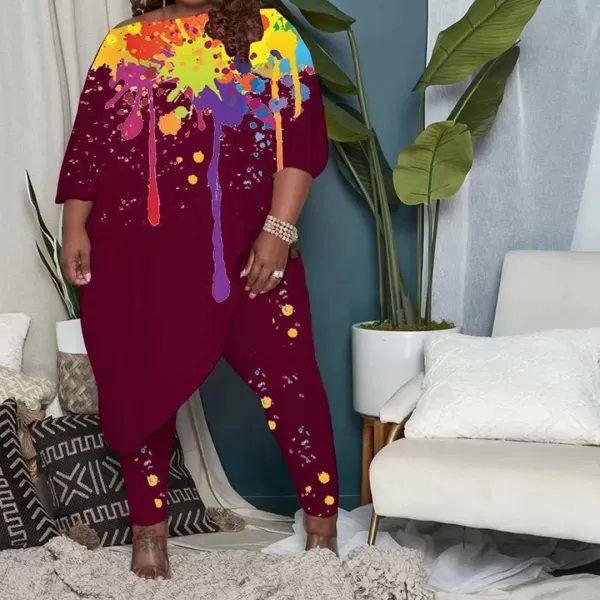 IyMoo Womens Causal Plus Size 2 Piece Outfits Jumpsuits Slant Shoulder Asymmetrica Tops Pant Set Sexy Club RomperGraffiti Wine Red