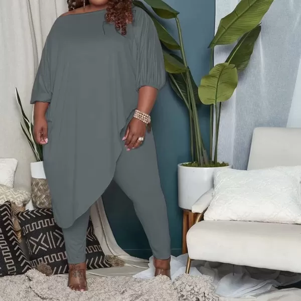 IyMoo Womens Causal Plus Size 2 Piece Outfits Jumpsuits Slant Shoulder Asymmetrica Tops Pant Set Sexy Club RomperGray