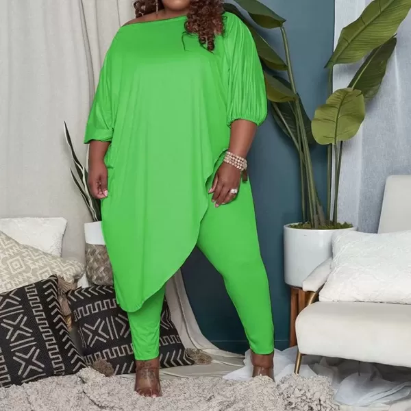 IyMoo Womens Causal Plus Size 2 Piece Outfits Jumpsuits Slant Shoulder Asymmetrica Tops Pant Set Sexy Club RomperGreen