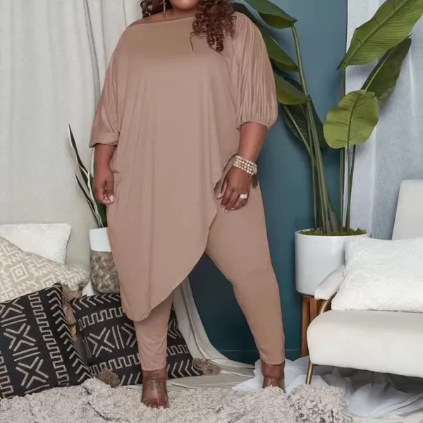IyMoo Womens Causal Plus Size 2 Piece Outfits Jumpsuits Slant Shoulder Asymmetrica Tops Pant Set Sexy Club RomperKhaki