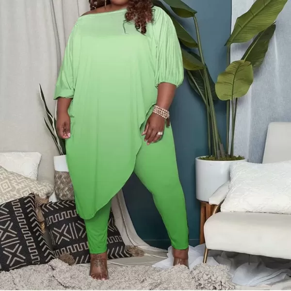 IyMoo Womens Causal Plus Size 2 Piece Outfits Jumpsuits Slant Shoulder Asymmetrica Tops Pant Set Sexy Club RomperOmbre Green