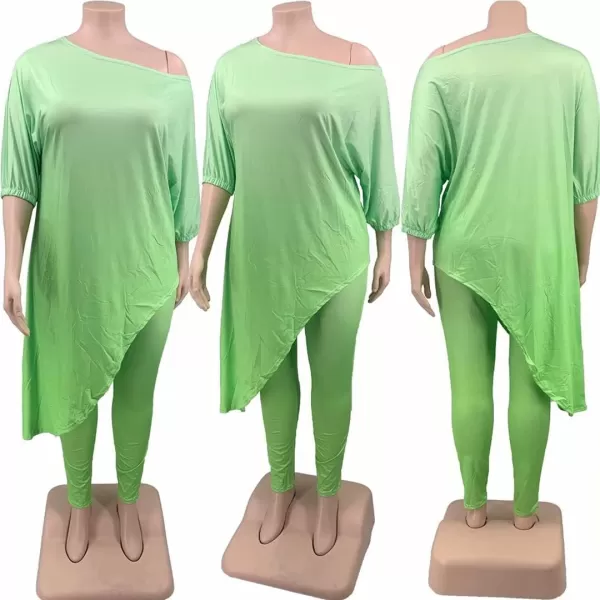 IyMoo Womens Causal Plus Size 2 Piece Outfits Jumpsuits Slant Shoulder Asymmetrica Tops Pant Set Sexy Club RomperOmbre Green