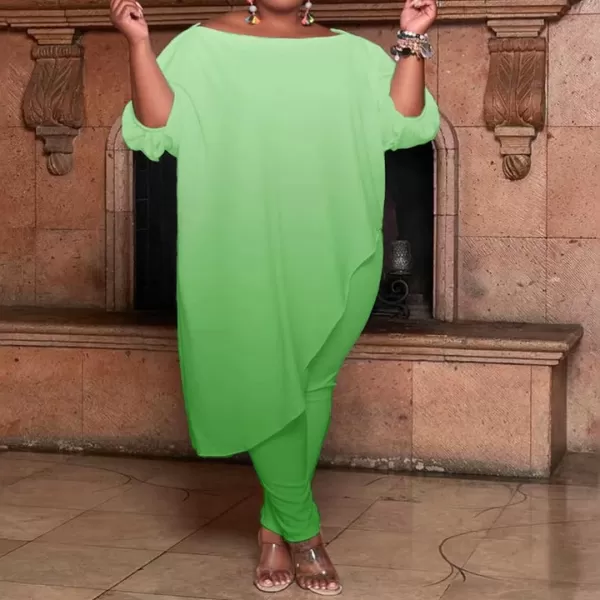 IyMoo Womens Causal Plus Size 2 Piece Outfits Jumpsuits Slant Shoulder Asymmetrica Tops Pant Set Sexy Club RomperOmbre Green