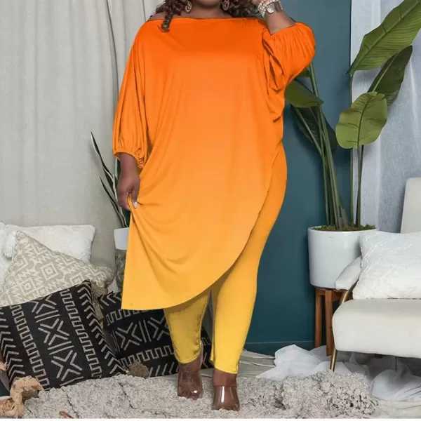 IyMoo Womens Causal Plus Size 2 Piece Outfits Jumpsuits Slant Shoulder Asymmetrica Tops Pant Set Sexy Club RomperOmbre Orange