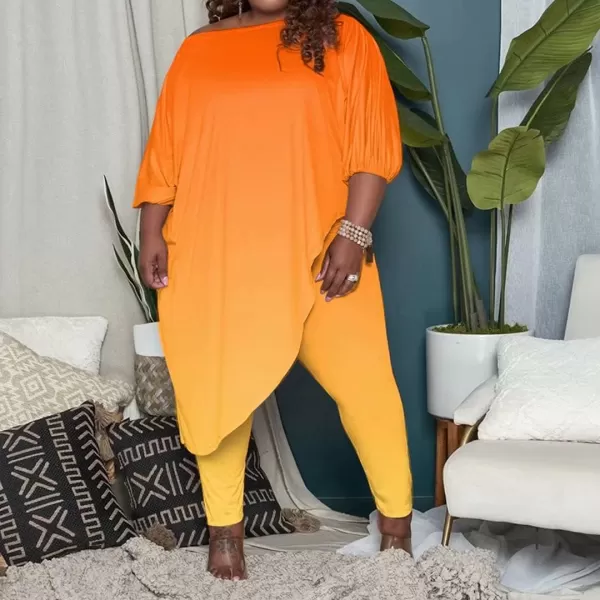 IyMoo Womens Causal Plus Size 2 Piece Outfits Jumpsuits Slant Shoulder Asymmetrica Tops Pant Set Sexy Club RomperOmbre Orange