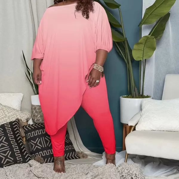 IyMoo Womens Causal Plus Size 2 Piece Outfits Jumpsuits Slant Shoulder Asymmetrica Tops Pant Set Sexy Club RomperOmbre Pink