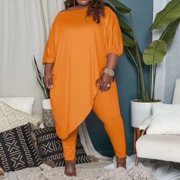 IyMoo Womens Causal Plus Size 2 Piece Outfits Jumpsuits Slant Shoulder Asymmetrica Tops Pant Set Sexy Club RomperOrange